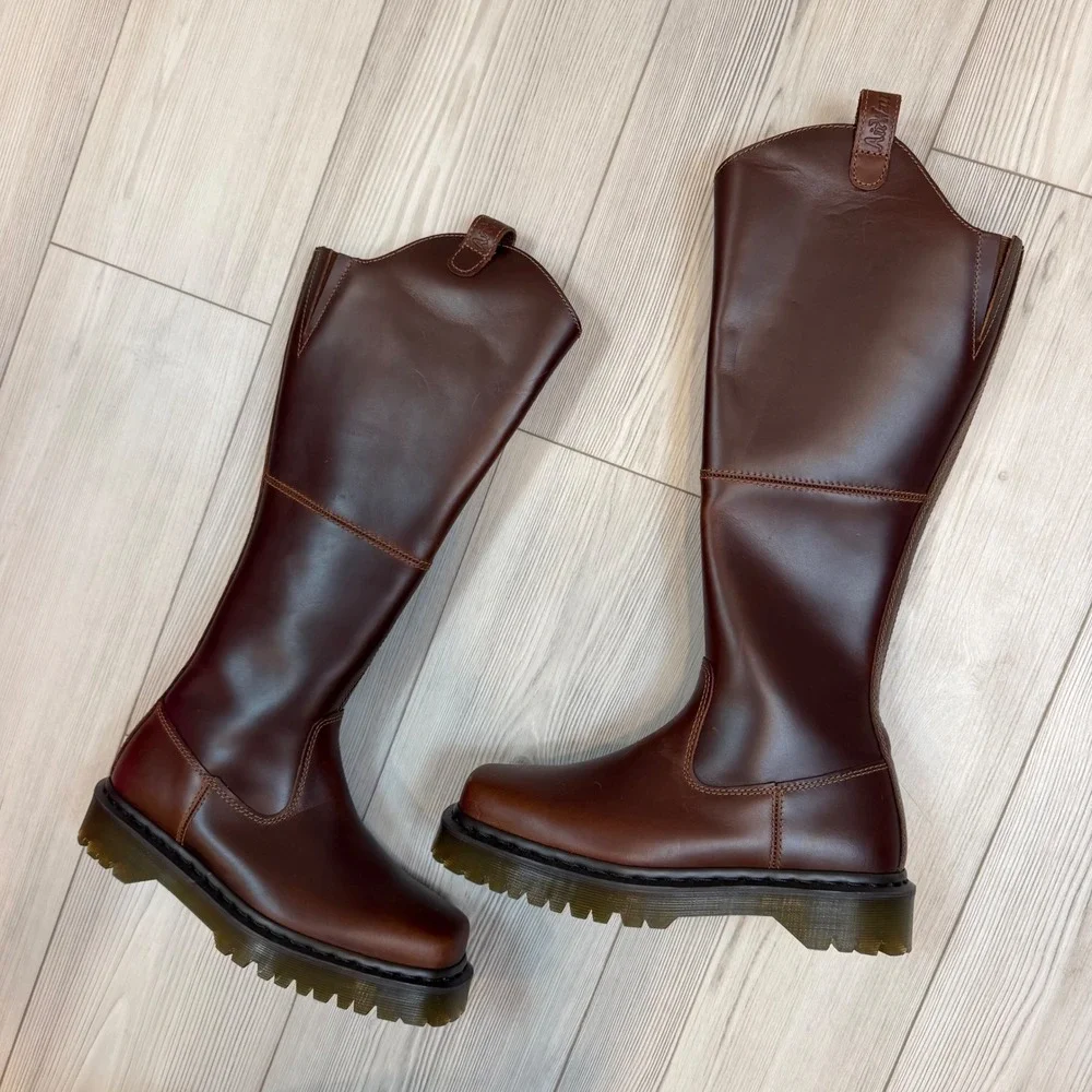NEW Dr. Martens Amaayah Hi Dark Brown Leather Tall Platform Boots Square Toe 8